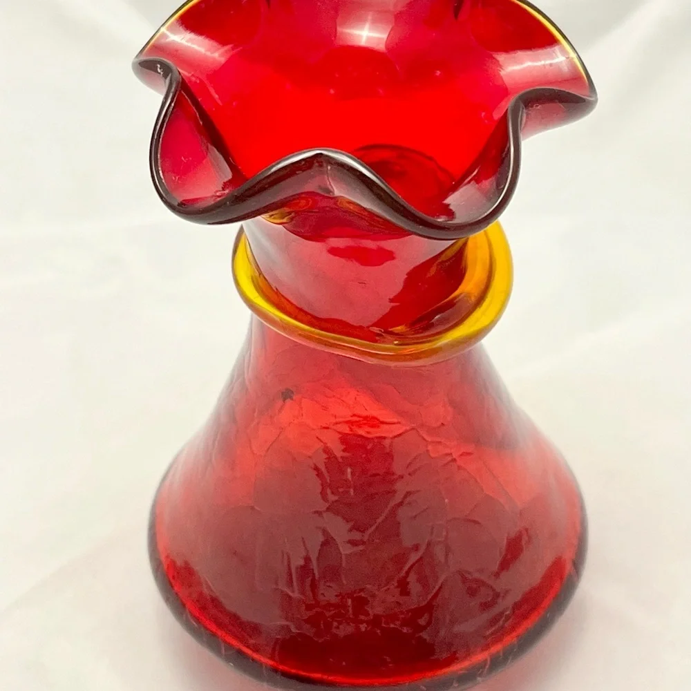 Amberina Ruby Red Crackle Glass Vase, Hand-blown Ruffle Rim, Cut Pontil, VTG EUC